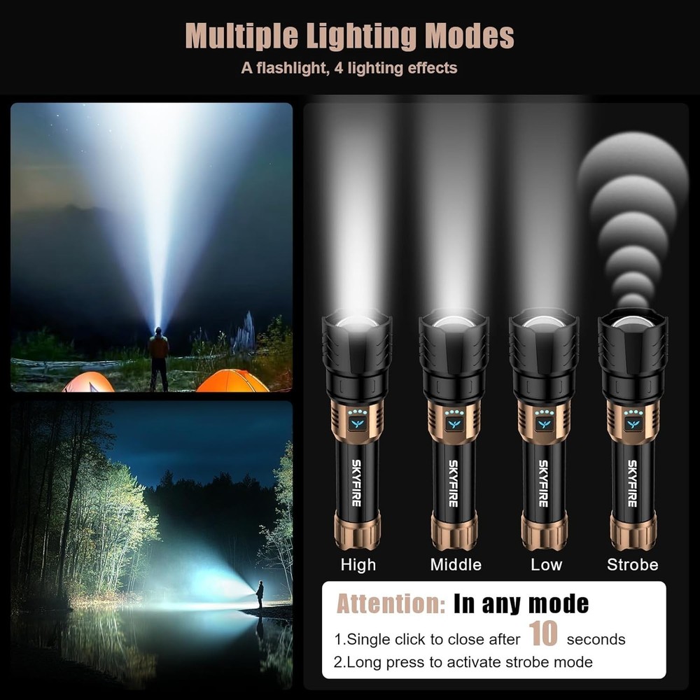 SKYFIRE Rechargeable Flashlight High Lumens, LED Flashlight with Ignition Len...
