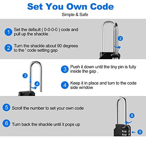 2 Pack 4 Digit Combination Locks School Gym Locker Padlock Long Shackle (Black)