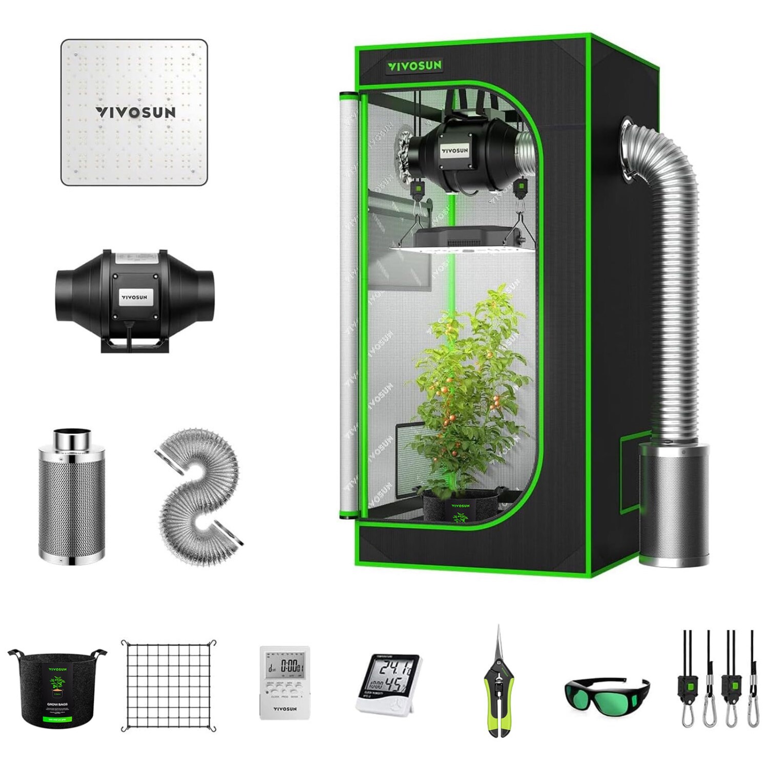 VIVOSUN 2x2x4FT Complete Grow Tent Kit VS1000 LED Grow Light 4" Air Ventilation