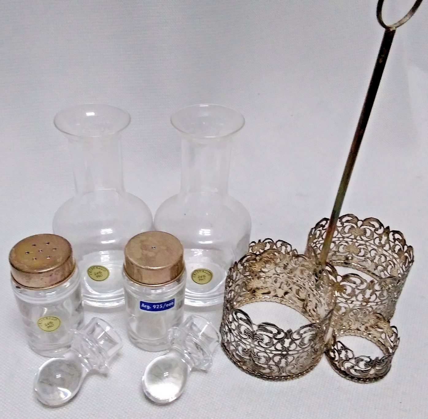 Italian 925 Cutout Sterling Silver and Fine Crystal Vessels Condiment Caddy