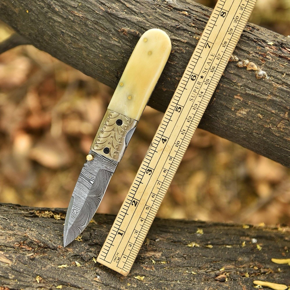 Handmade Damascus Folding Blade Pocket Knife Case- Camel Bone - Double Edge