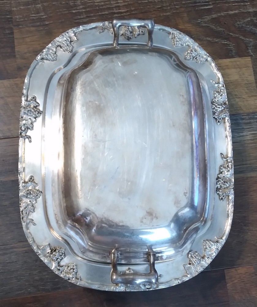 Antique silver serving dish with handled lid, grape design