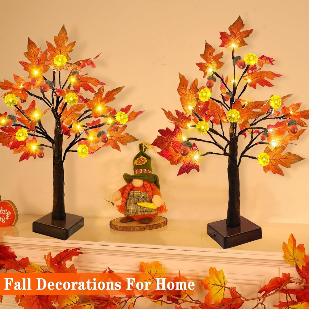 Thanksgiving Fall Decor-2 Pack 24 Inch Prelit Fall Maple Tree 48Leds Timer Acorn