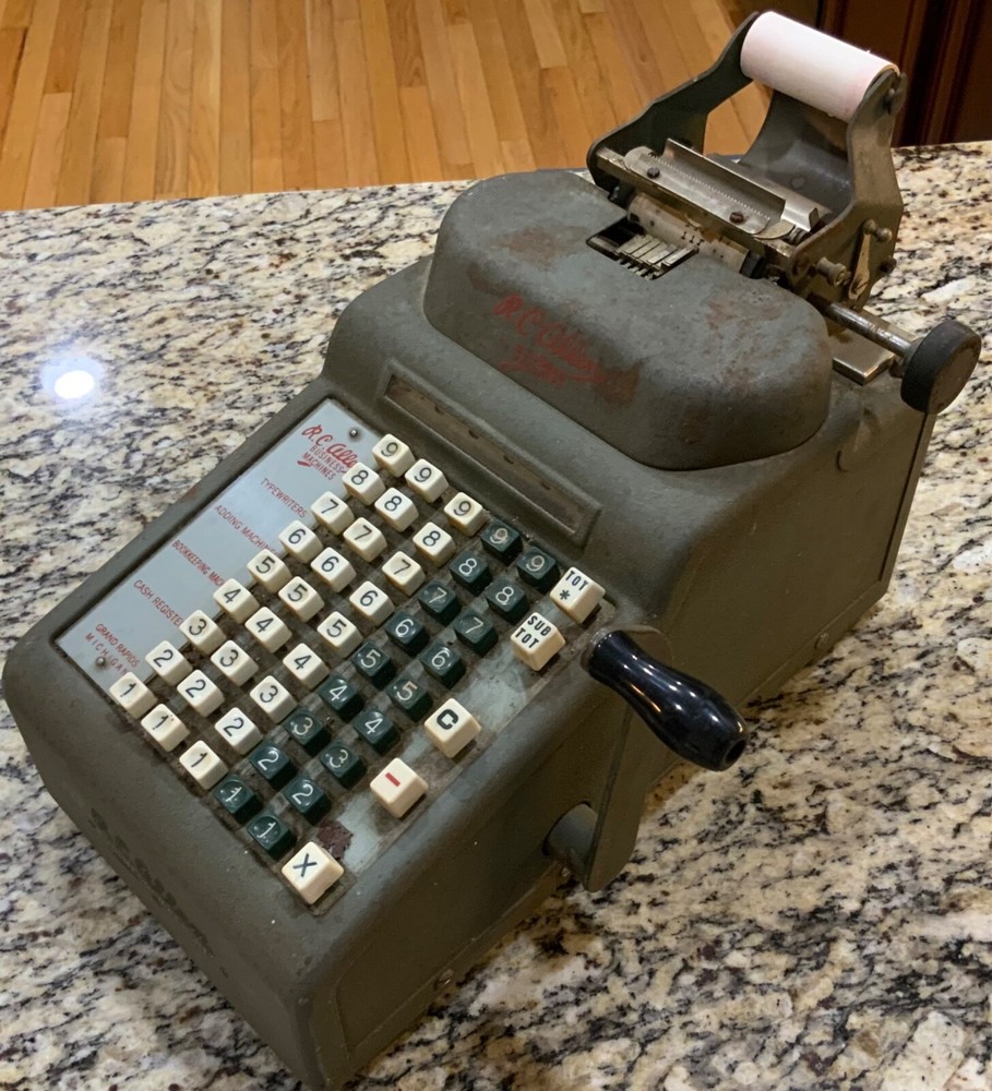 Vintage RC Allen Business Adding Machine Model Adding Machine with Hand Crank