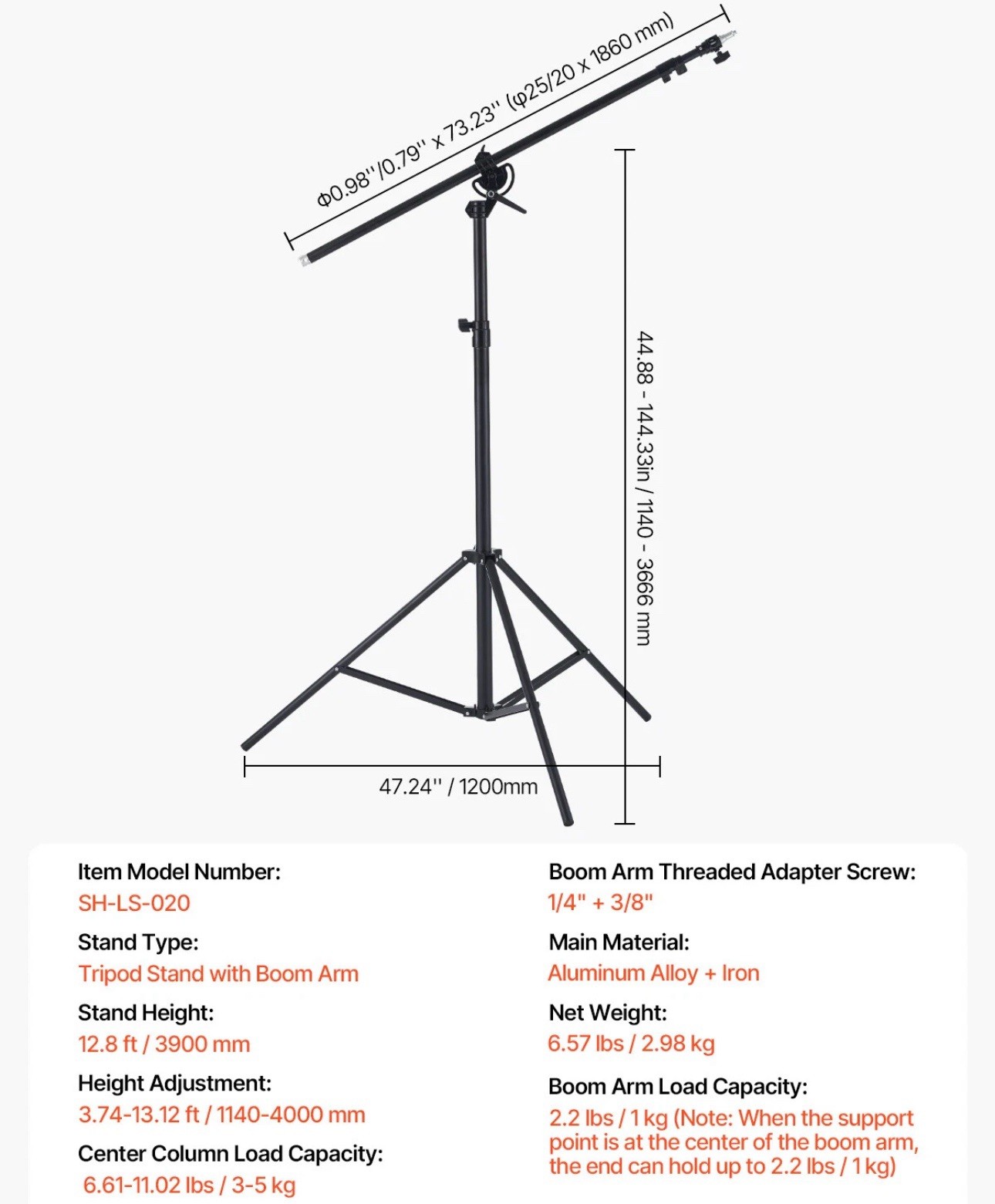 Aluminum Photography Light Stand with Boom Arm Adjustable With carry Bag Gift
