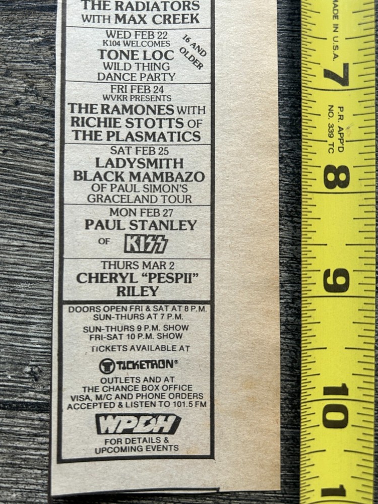 KISS Concert Ad Advert PAUL STANLEY Solo Tour 1989 The Chance NY Vintage Kiss B