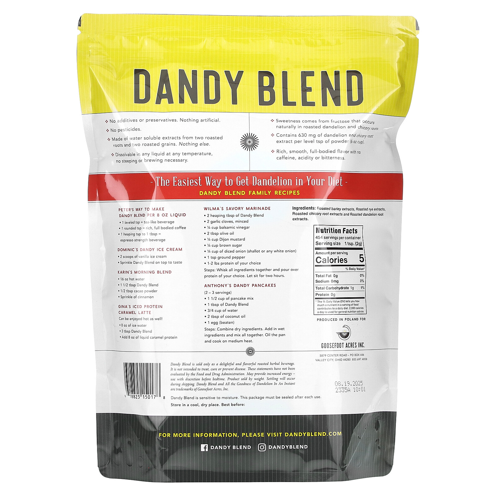 Instant Herbal Beverage with Dandelion, Dandy Blend, Caffeine Free, 2 lbs (908