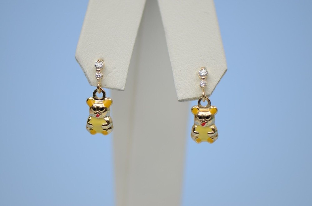 14K Solid Yellow Gold Teddy Bear Dangle Earring with Enamel