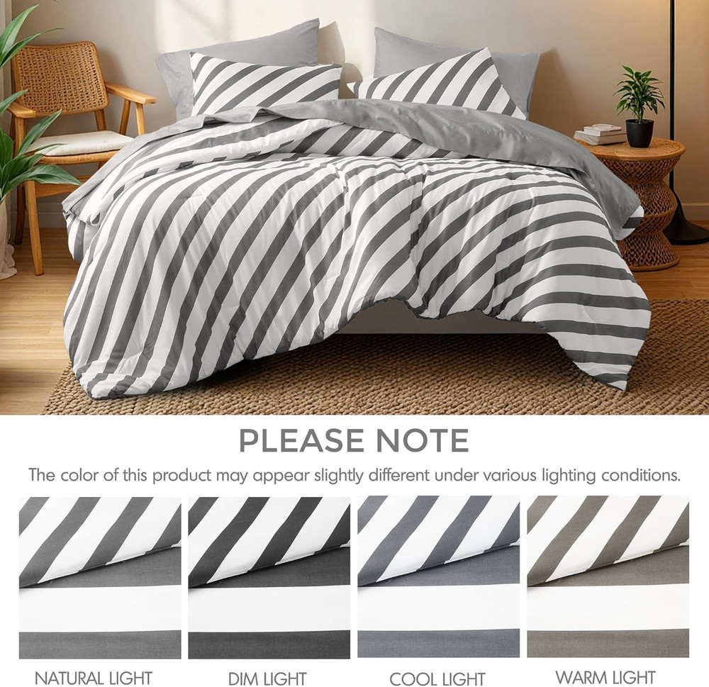Reversible Striped Queen Comforter Set, Soft Microfiber Bedding Set with Double-