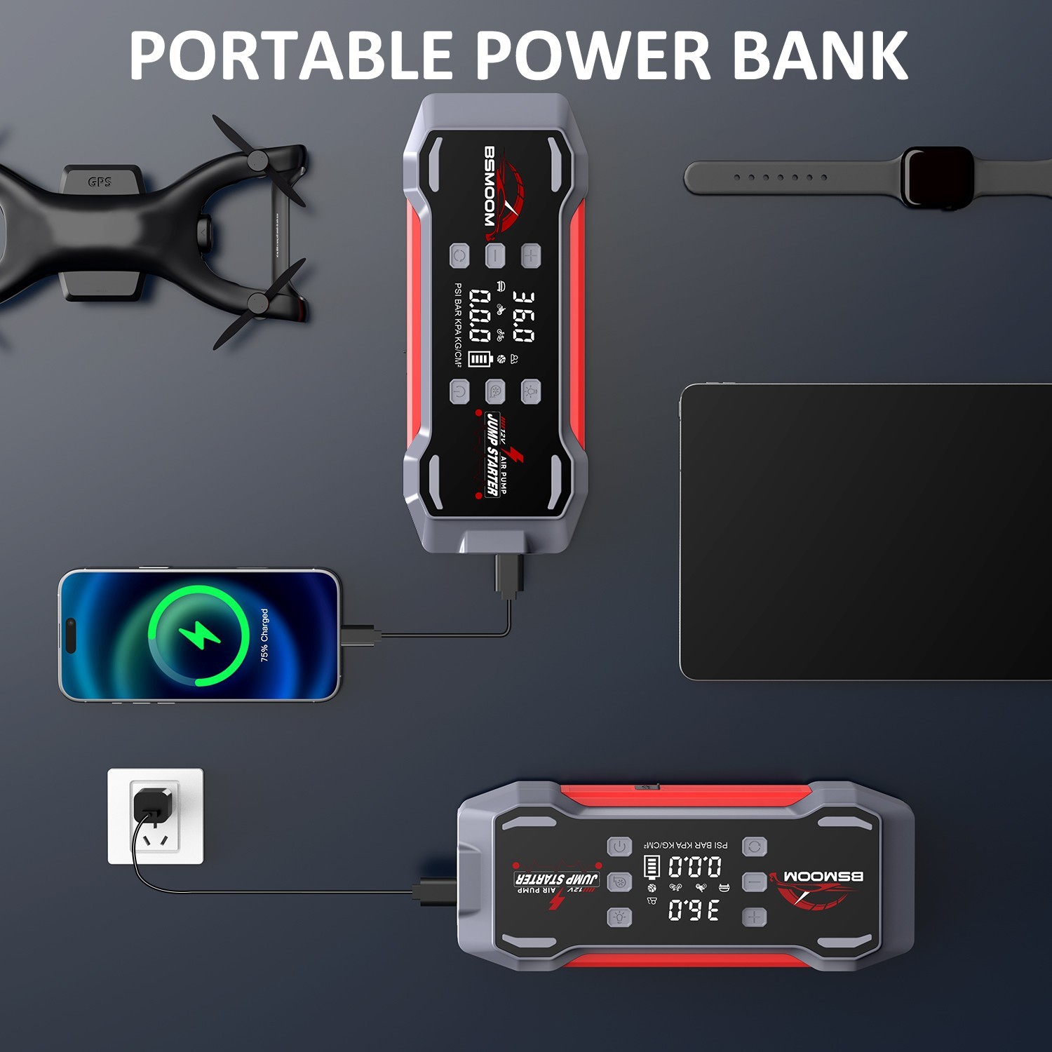 12V 9000A Jump Starter with Air Compressor Portable Power Bank & Tire Inflator