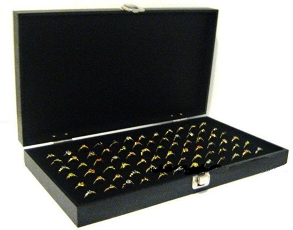 Ring Case Key Locking Solid Top Lid 72 Ring Black Jewelry Display Storage Box