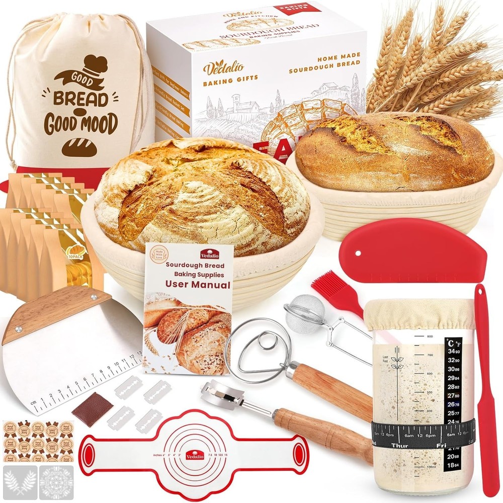 Sourdough Starter Kit with Rattan Proofing Baskets & Professional Tools Set