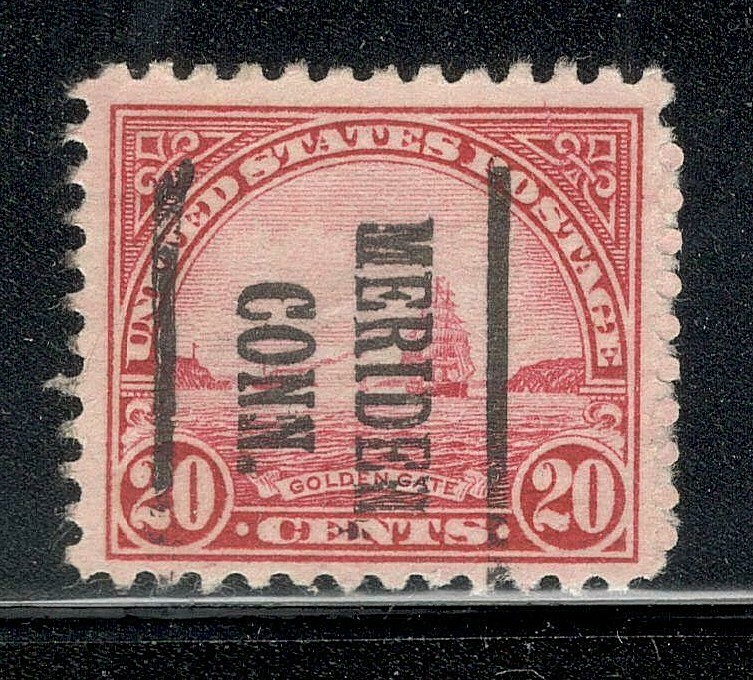 Sc # 698 ~ 20 cent Golden Gate Issue, Precancel, MERIDEN, CONN.