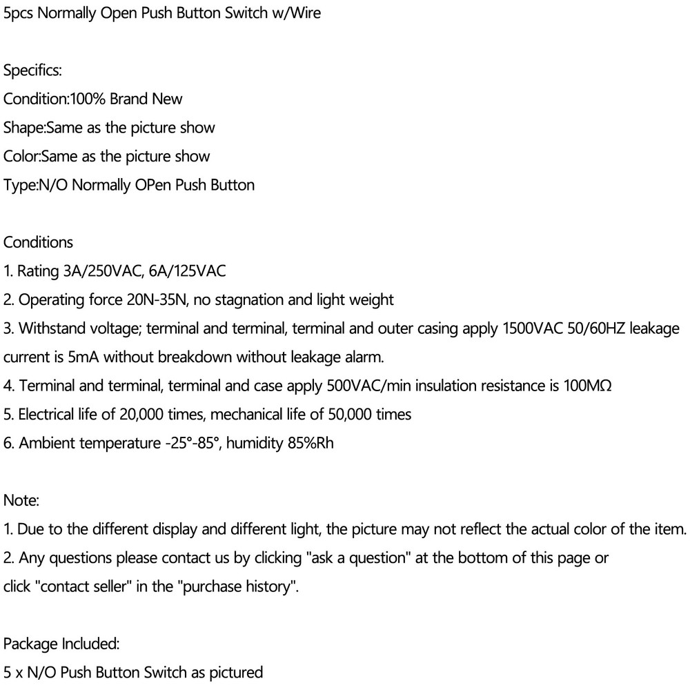 5pc Normally Open Momentary Self-resetting Push Button Reset Switch w/Wire ✅