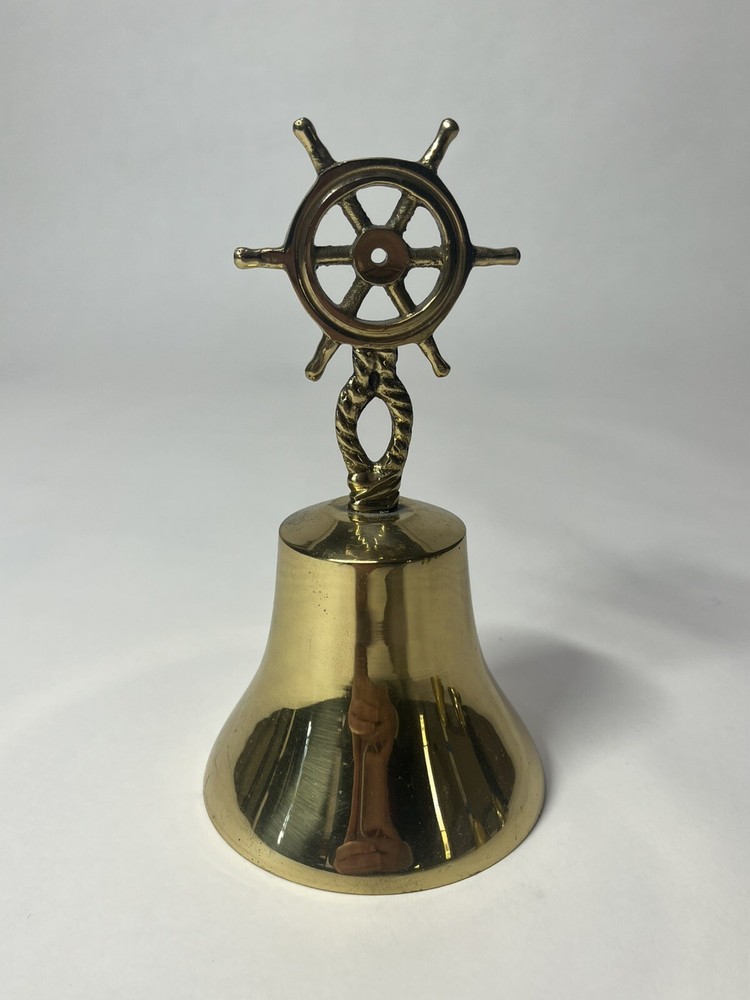 NAUTICAL CAPTAINS CALL SOLID BRASS SHIPS WHEEL TABLE BELL BRASS VINTAGE