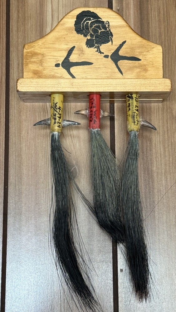 Wild Turkey Plaque Beard Display for 3 beards (12 gauge Shell) walnut color