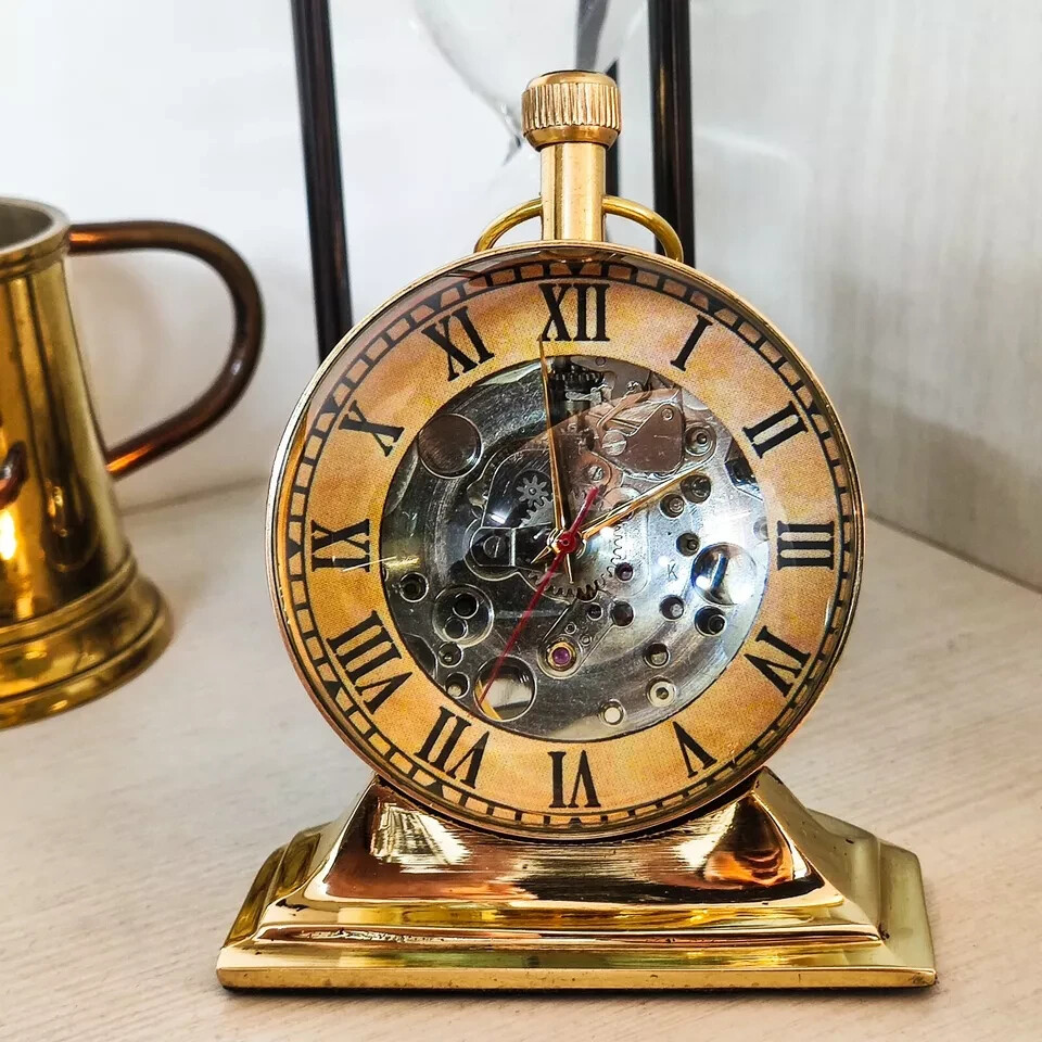 Trophy Brass Desk Clock Mechanical Table top Decorative