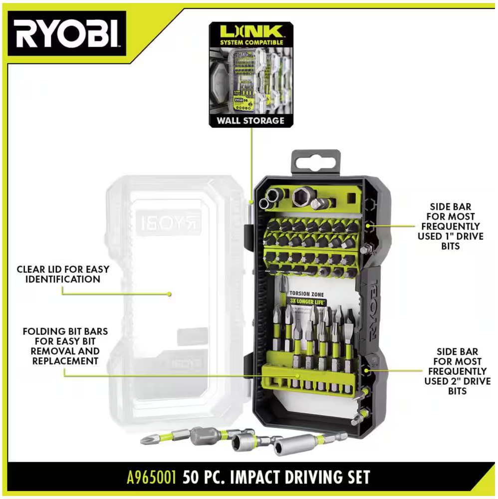Ryobi 50 Piece Impact Rating Driving Set, Tool Set Drill Bits