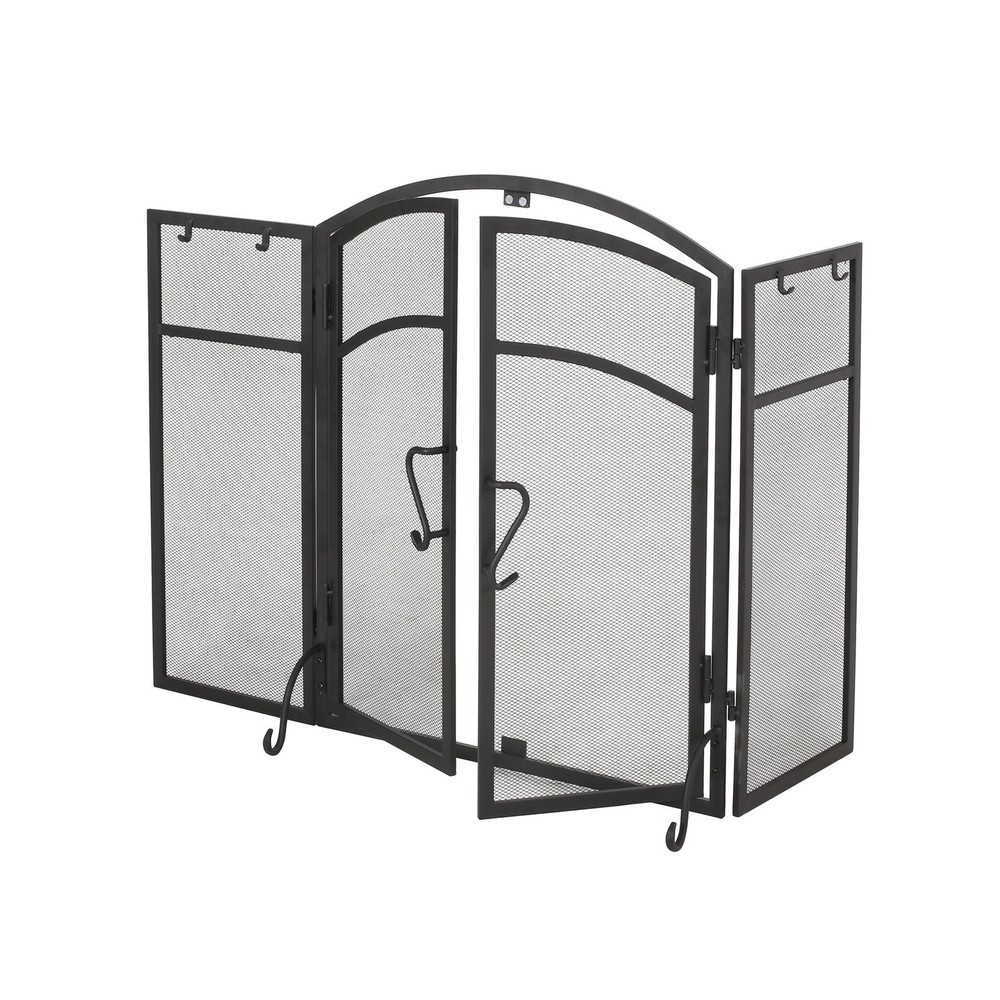 Modern 3 Panel Iron Folding Fireplace Screen with Doors and Tools Matte Black