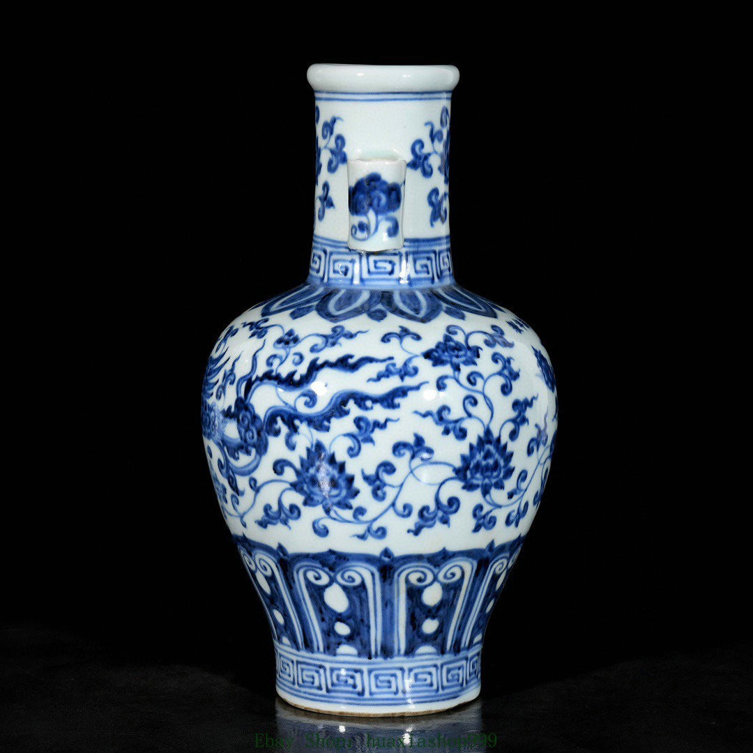 11.2" Old Blue White Porcelain Phoenix Bird Double Ear Flower Bottle Vase