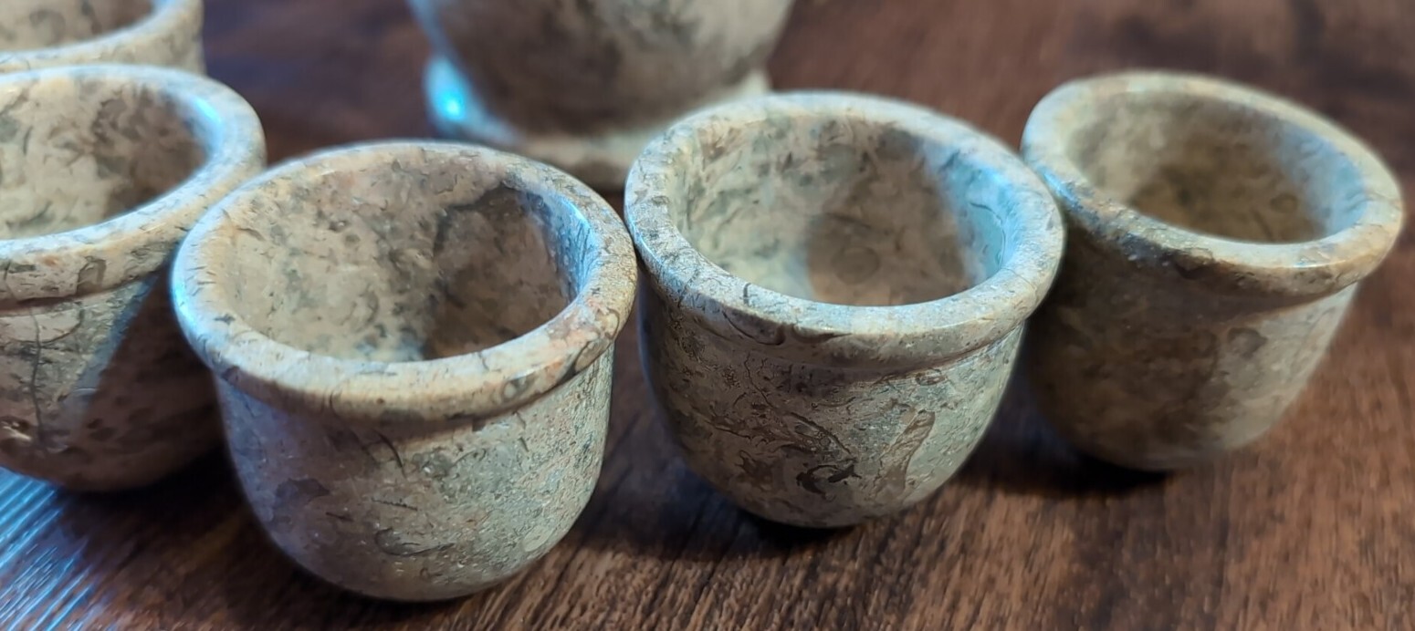 Vtg Marble Stone Tea Set: Pot + Six Cups Gray Brown Marble Patchwork