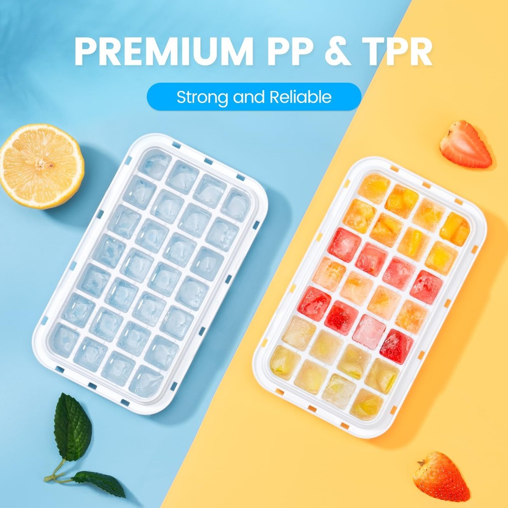 2PC Ice Cube Tray with Lid and Bin 56 Cubes BPA Free Easy Release Stackable