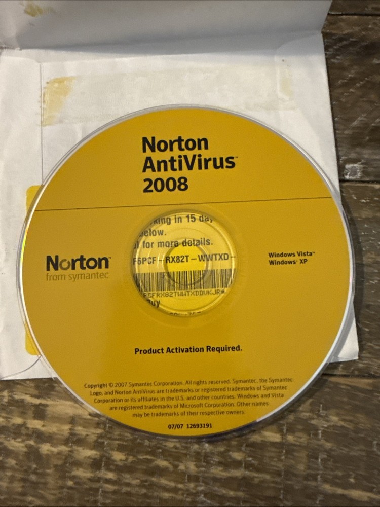 Norton AntiVirus 2008 Software PC Cd Rom