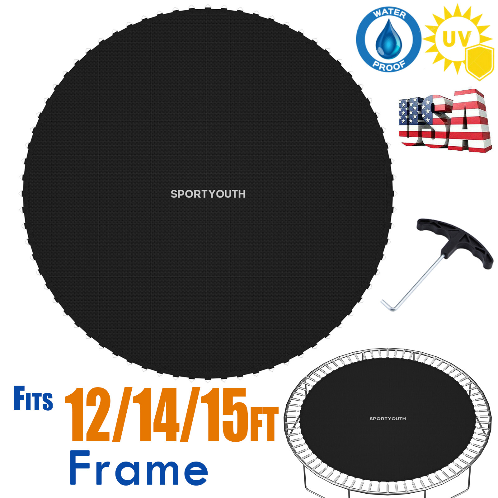 12 14 15FT Trampoline Replacement Jumping Mat Pad 72/88/96 Rings w/ Setting Tool