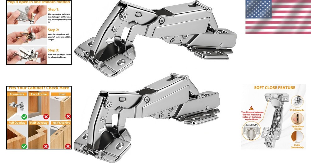 Adjustable 175° Soft-Close Hinges for Frameless Cabinets – 2 Pack, Easy Install