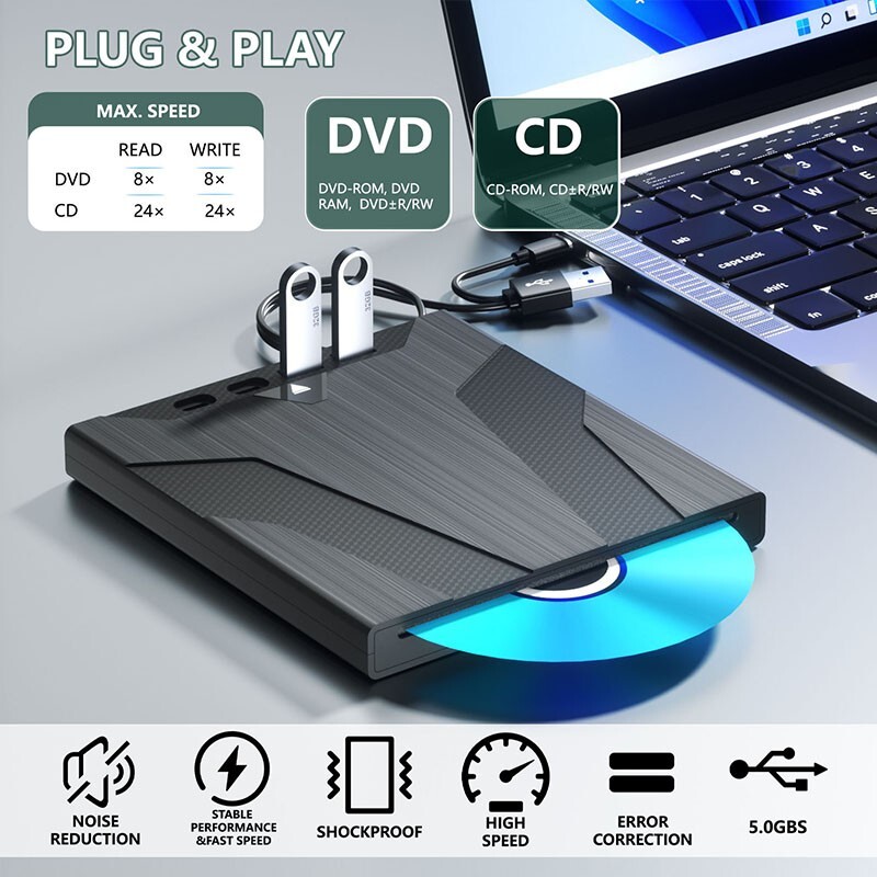 External CD/DVD Optical Drive for Laptop PC, CD DVD -/+RW Player Reader Burner