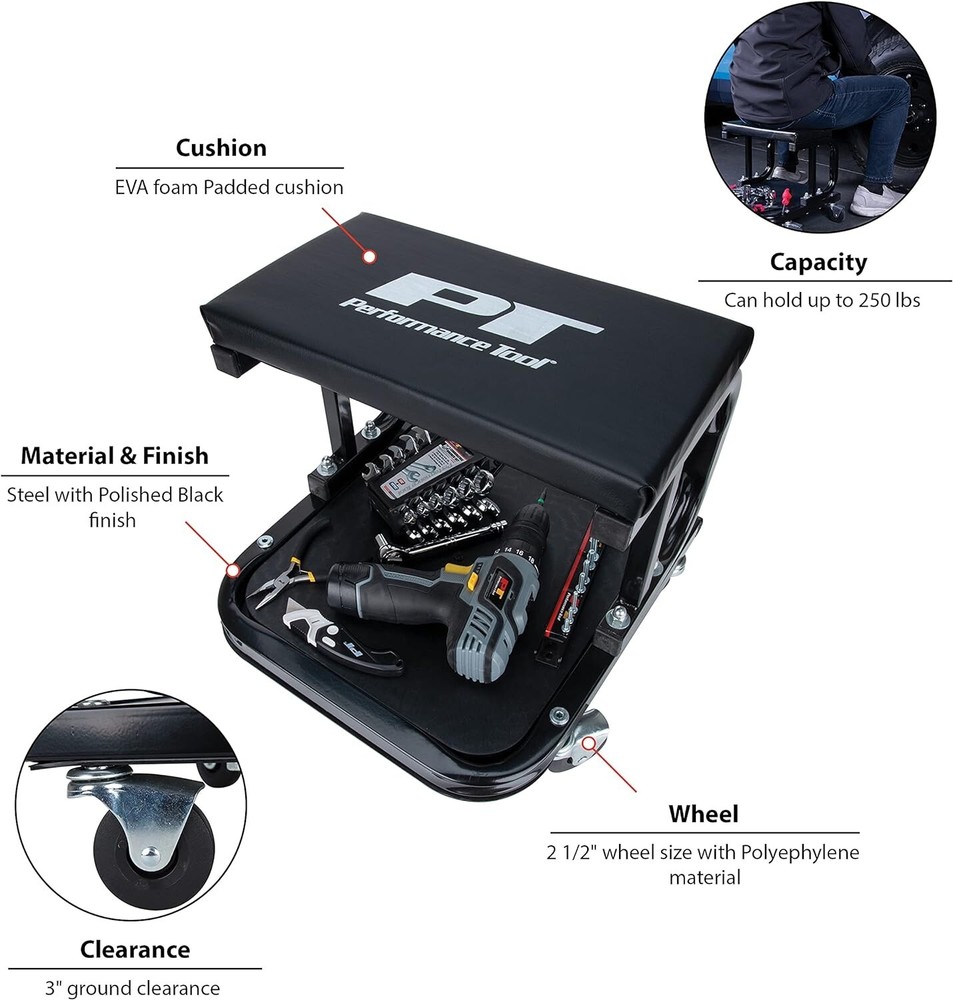 Efficient Rolling Work Seat for Mechanics - Shielded Casters & Padded Cushion