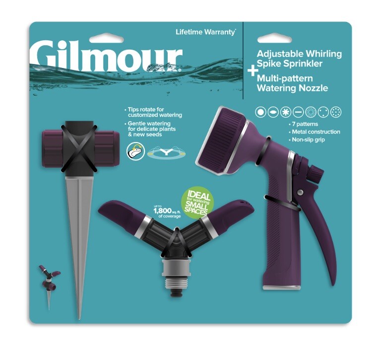 GILMOUR Adjustable Whirling Spike Sprinkler & Multi Pattern Watering Nozzle Set
