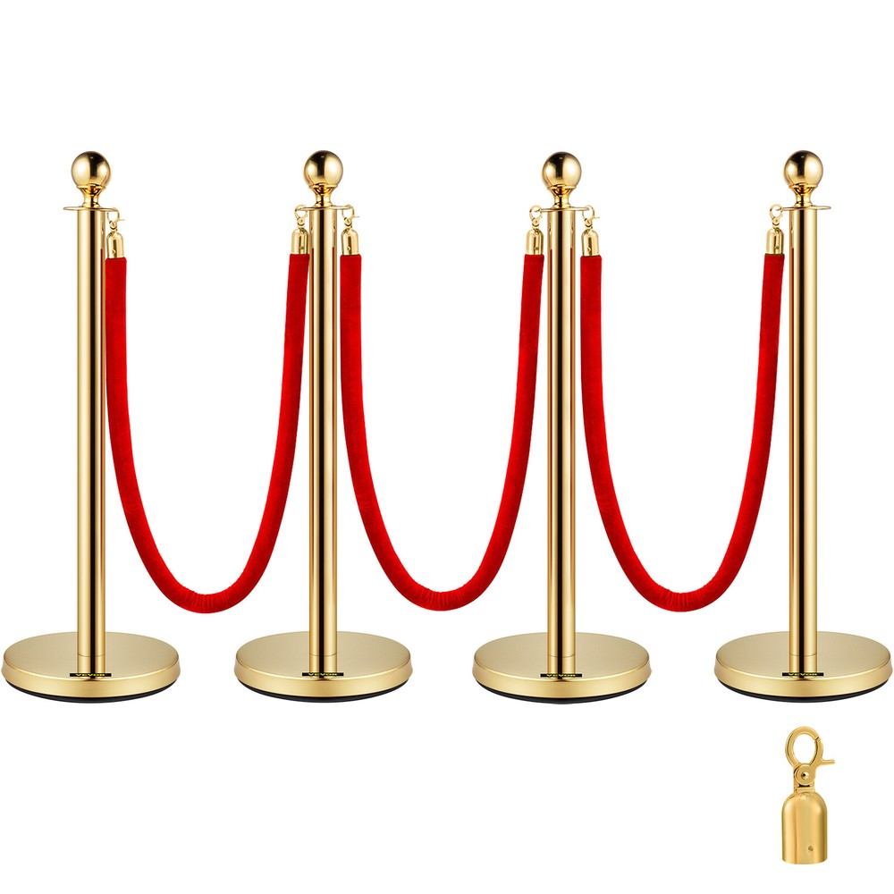 4Pcs Stanchion Posts Queue Pole Barrier Crowd Control With 3 Velvet Ropes