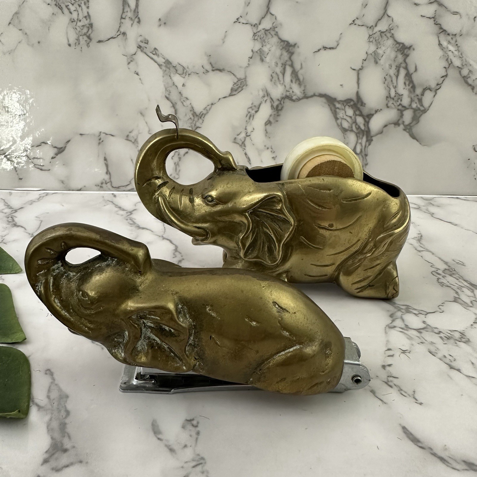 Vintage 80s Brass Elephant Stapler Tape Dispenser Set Desk Decor Metal Novelty