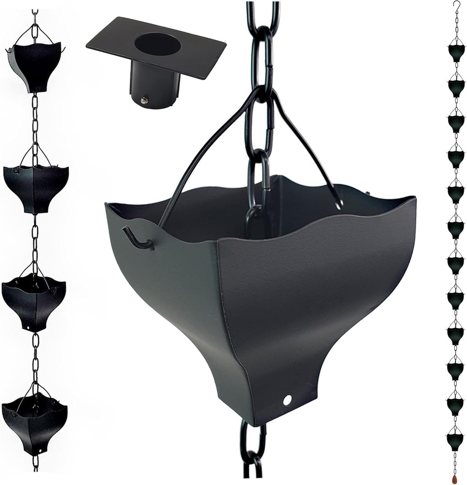 Original 9FT Black Tulip Iron Rain Chains Gutter & Rain Barrel Replacement