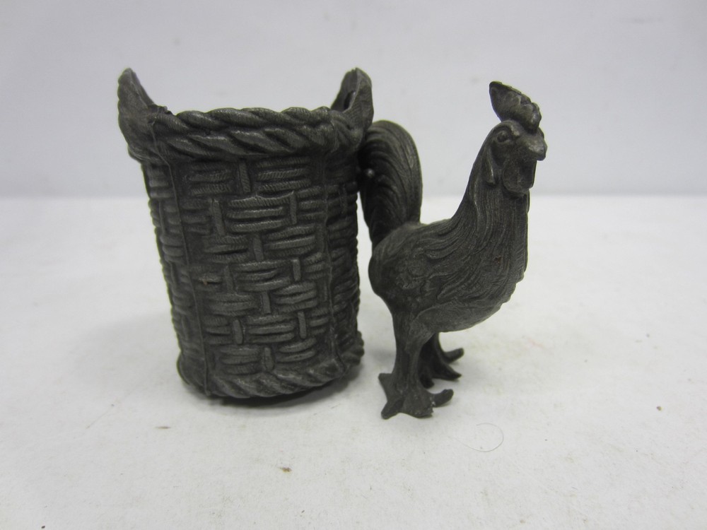Antique Spelter Rooster Toothpick Holder with Basket