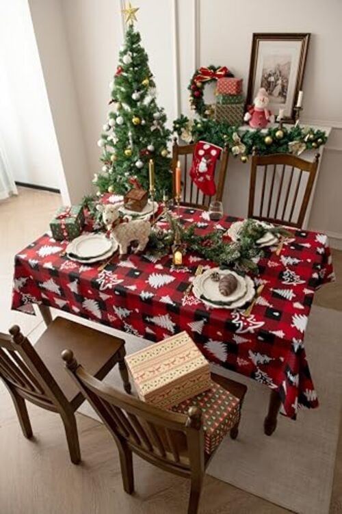 Waterproof Checkered Tablecloth Fabric - 84" x 58" (Rectangular) White Tree Red