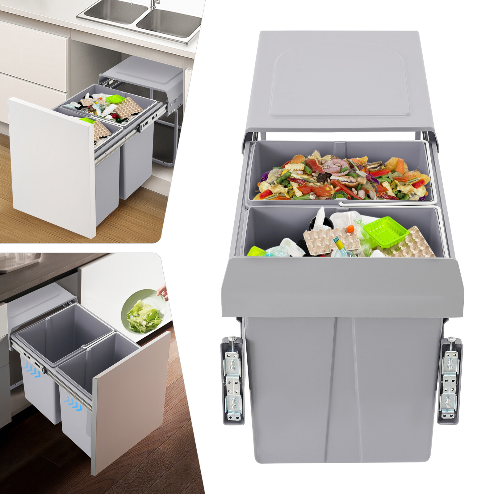 4.4Gal Under Cabinet Dual Pull-Out Trash Can Kitchen 20L Sliding Waste Bin Grey