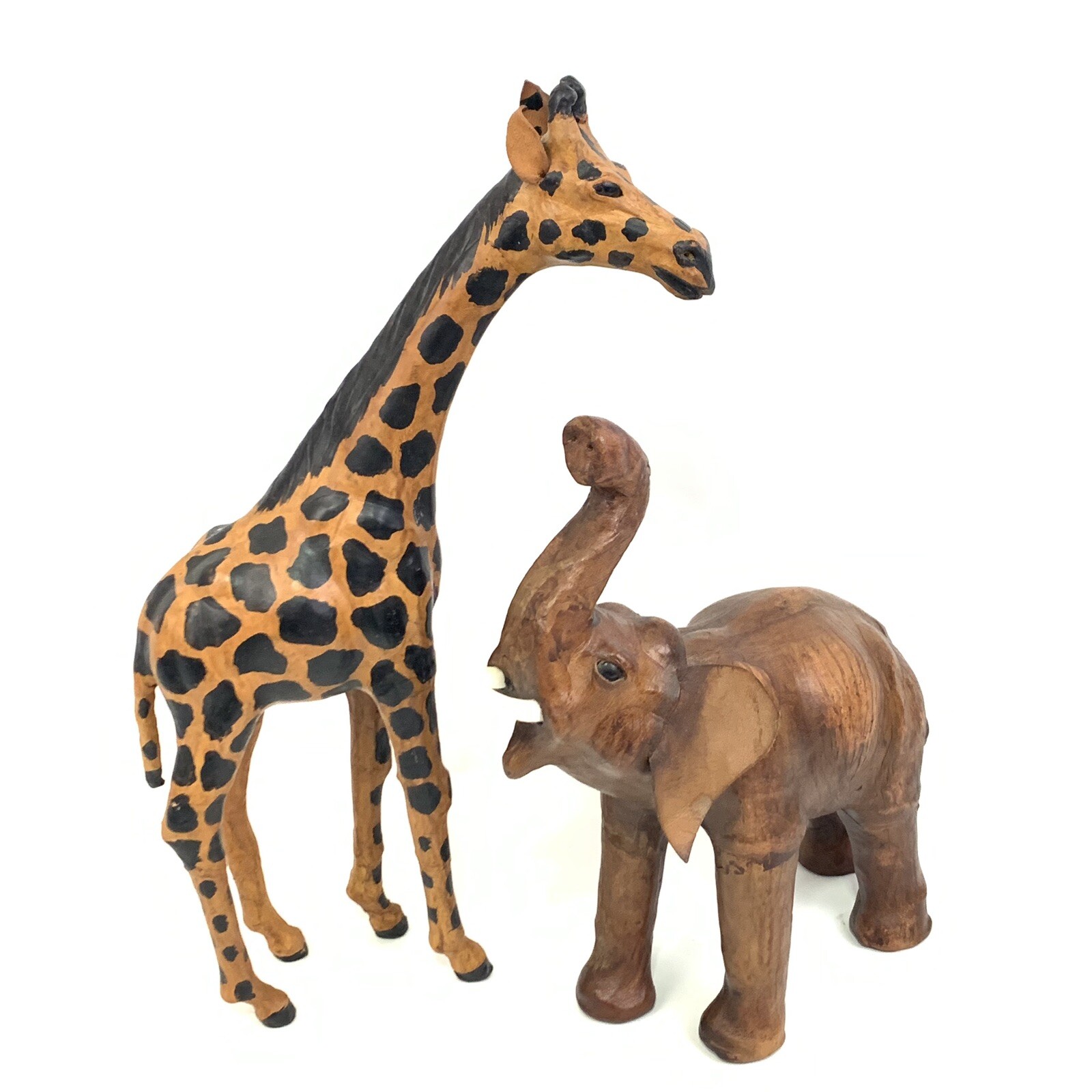 Vintage Elephant & Giraffe Statue Figure Brown Leather Wrapped Home Decor #8627