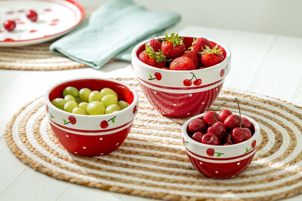 Terramoto Ceramic Red Cherry 3-Piece Bowl Set