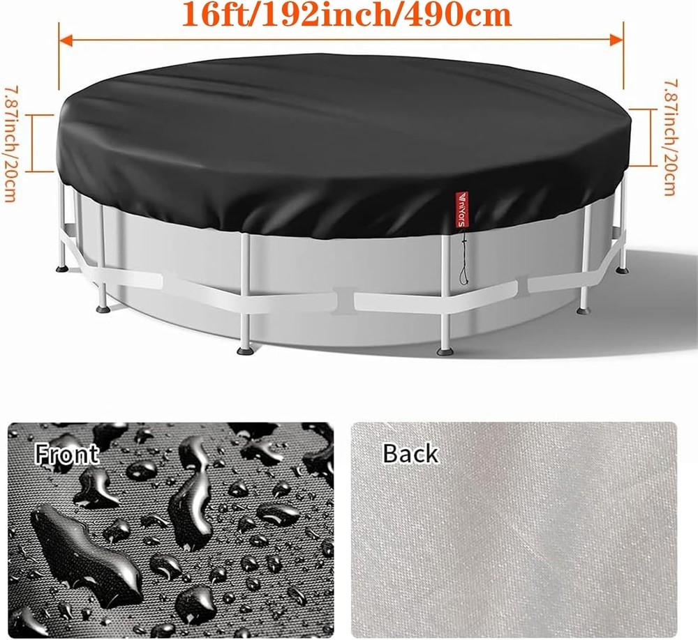 16Ft Round Solar Pool Cover Waterproof Heavy-Duty Polyester with Drawstring a...