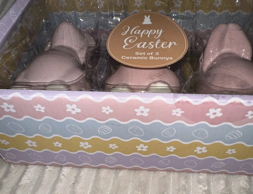 3 Pink Ceramic Easter Hear Speak See No Evil Trio Bunnies