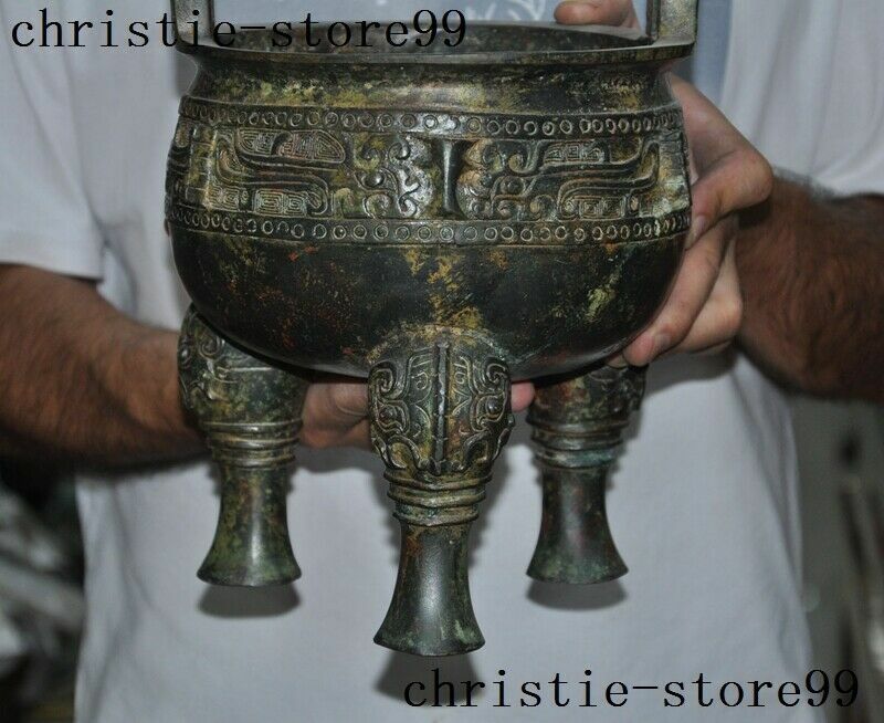 Old Chinese Bronze Ware Dynasty beast face Word 3 leg Incense Burner Censer