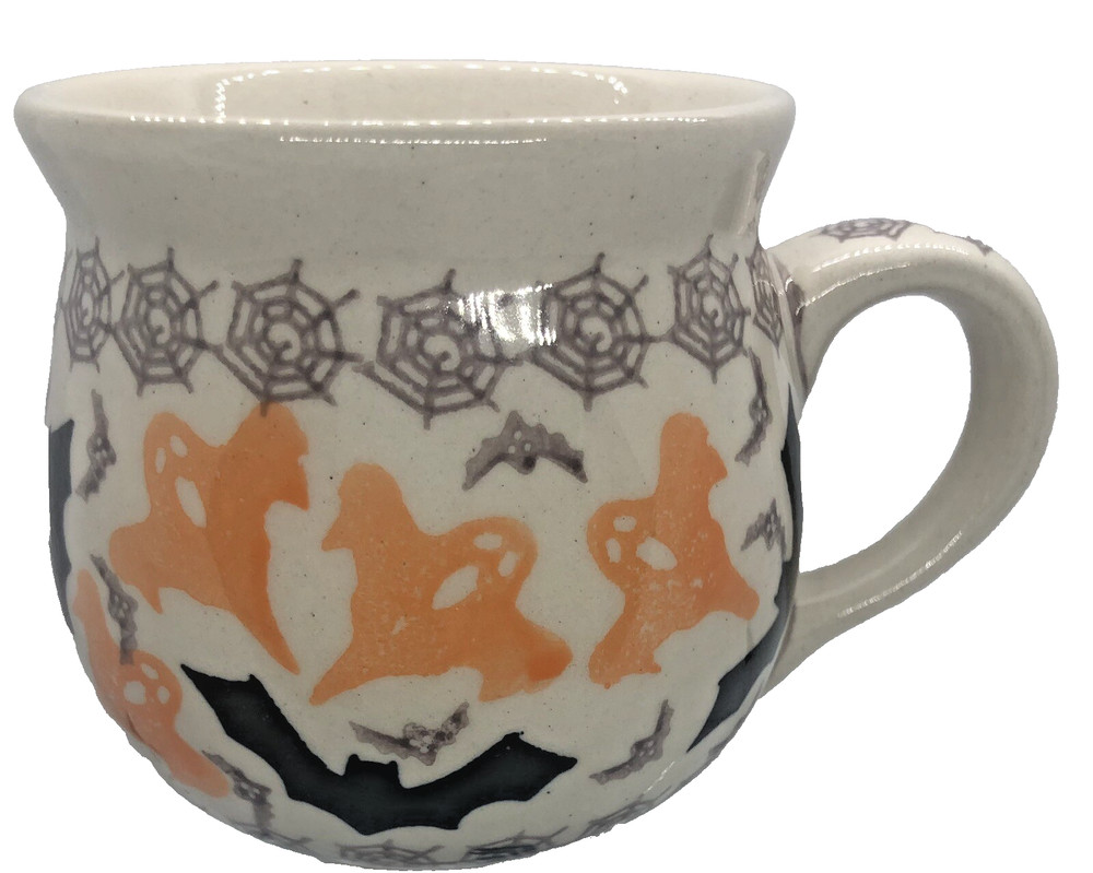 Polish Pottery Medium Bubble Mug Coffee Tea Pattern BOO Ghosts Bats Spiders