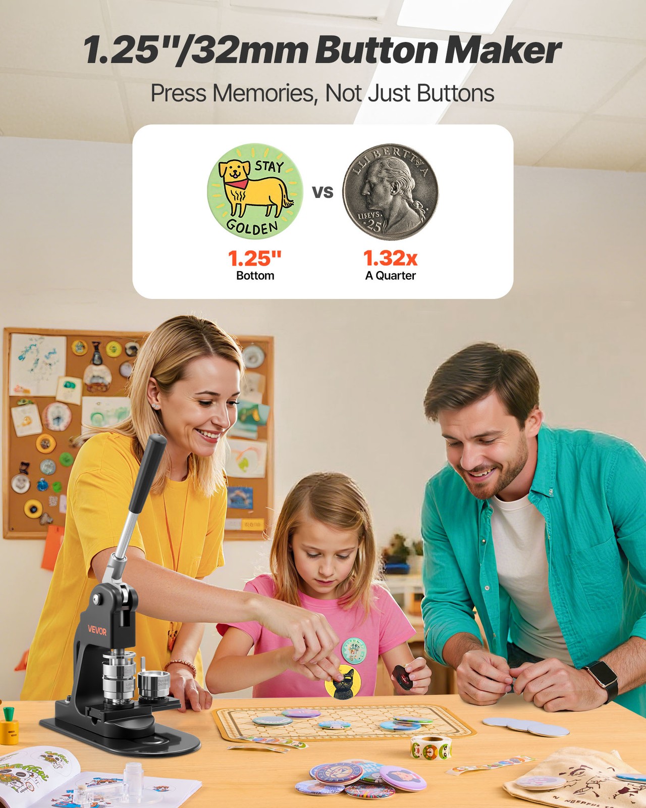 VEVOR Button Maker Machine Pin Maker Machine 1.25 in 500pcs Button Parts Black