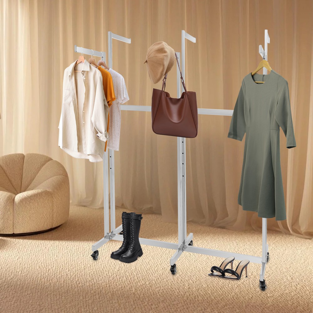 Adjustable Height 6-Arm Silver Garment Display Rack with Wheels