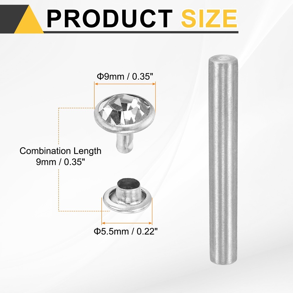 100pcs Crystal Rivets 9mm Rhinestone Stud with Installation Tool, Silver Clear