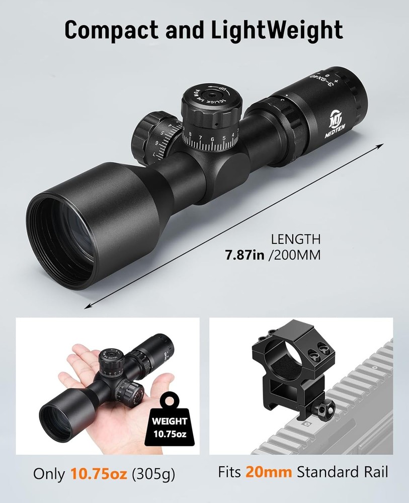 Midten 3-9x40 Compact Rifle Scope, Mil-Dot Reticle, Locking Turret, Zero Reset,