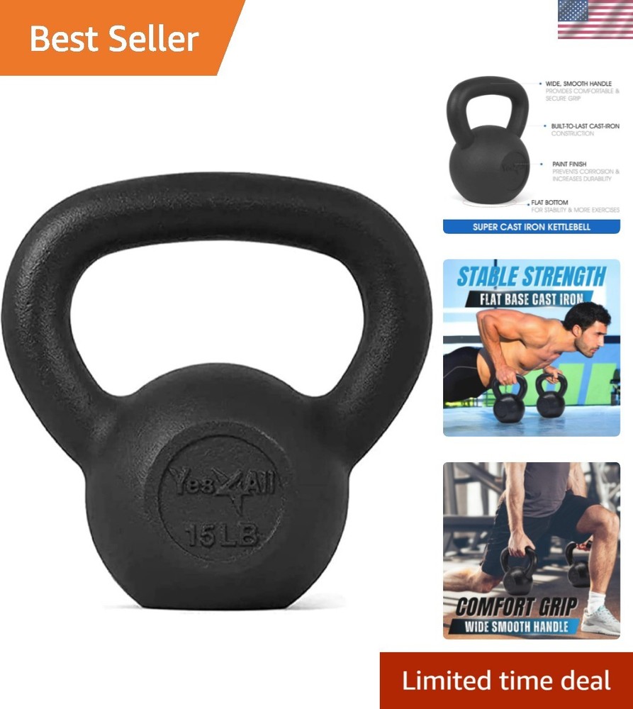 Durable 15 Lbs Black Cast Iron Kettlebell - Strength & Cardio Exercise Essential