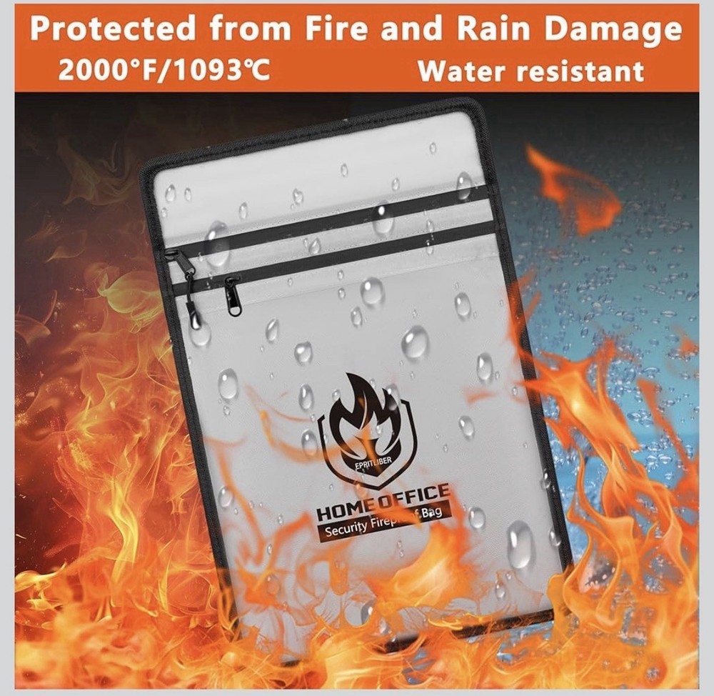 Two Pockets Fireproof Document Bag (2000℉), andyer 15”x 11”Waterproof Fireproof